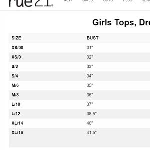 Rue21 size chart